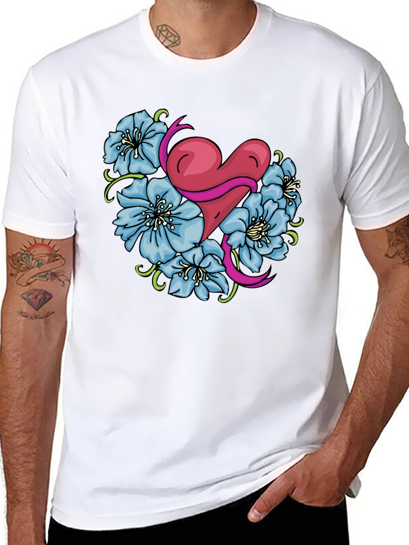 Heart & Flowers Graphic Tee - Stylish Black Shirt