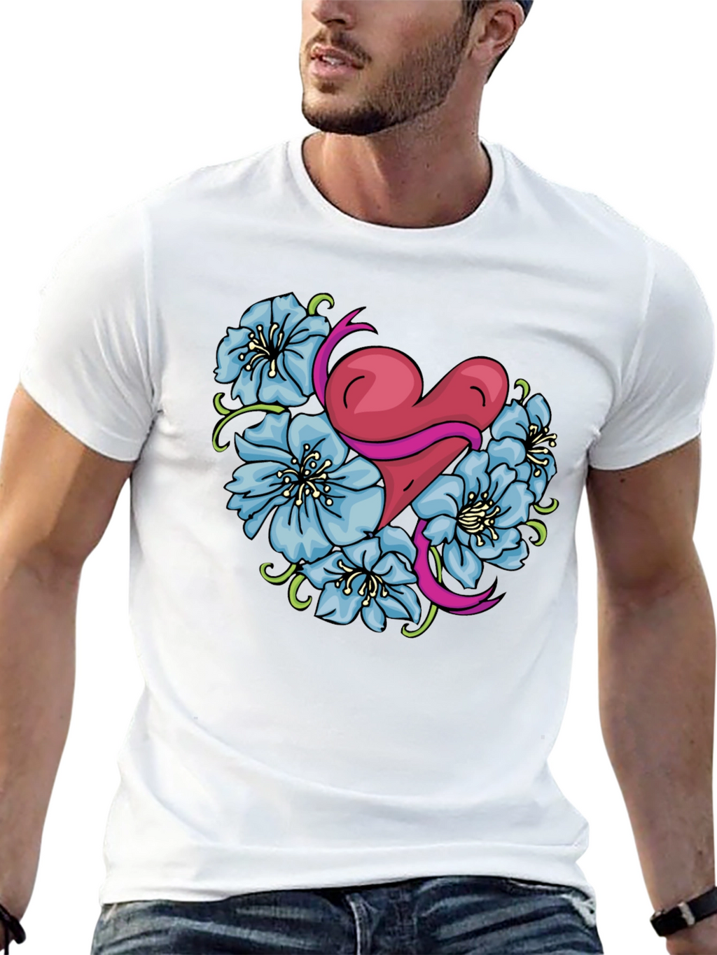 Heart & Flowers Graphic Tee - Stylish Black Shirt