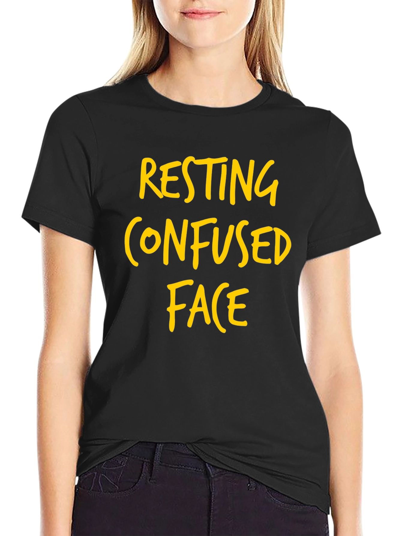 Resting Confused Face Graphic Tee - Black Cotton T-Shirt