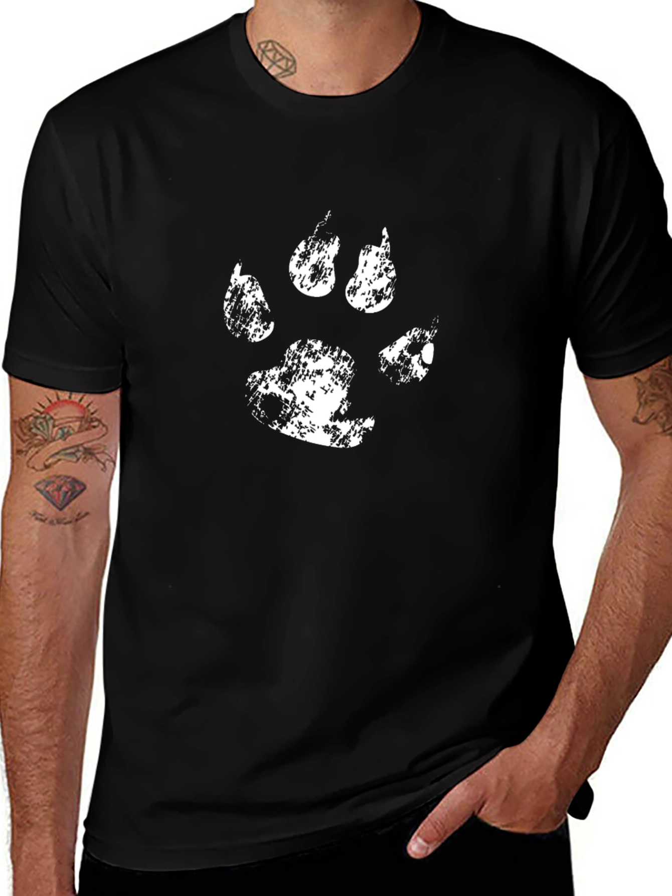 Distressed White Paw Print Black Graphic Tee