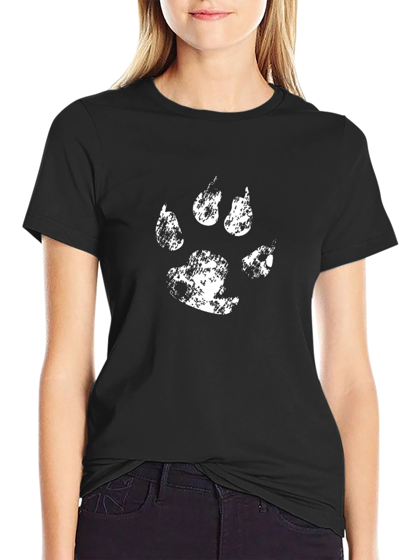 Distressed White Paw Print Black Graphic Tee