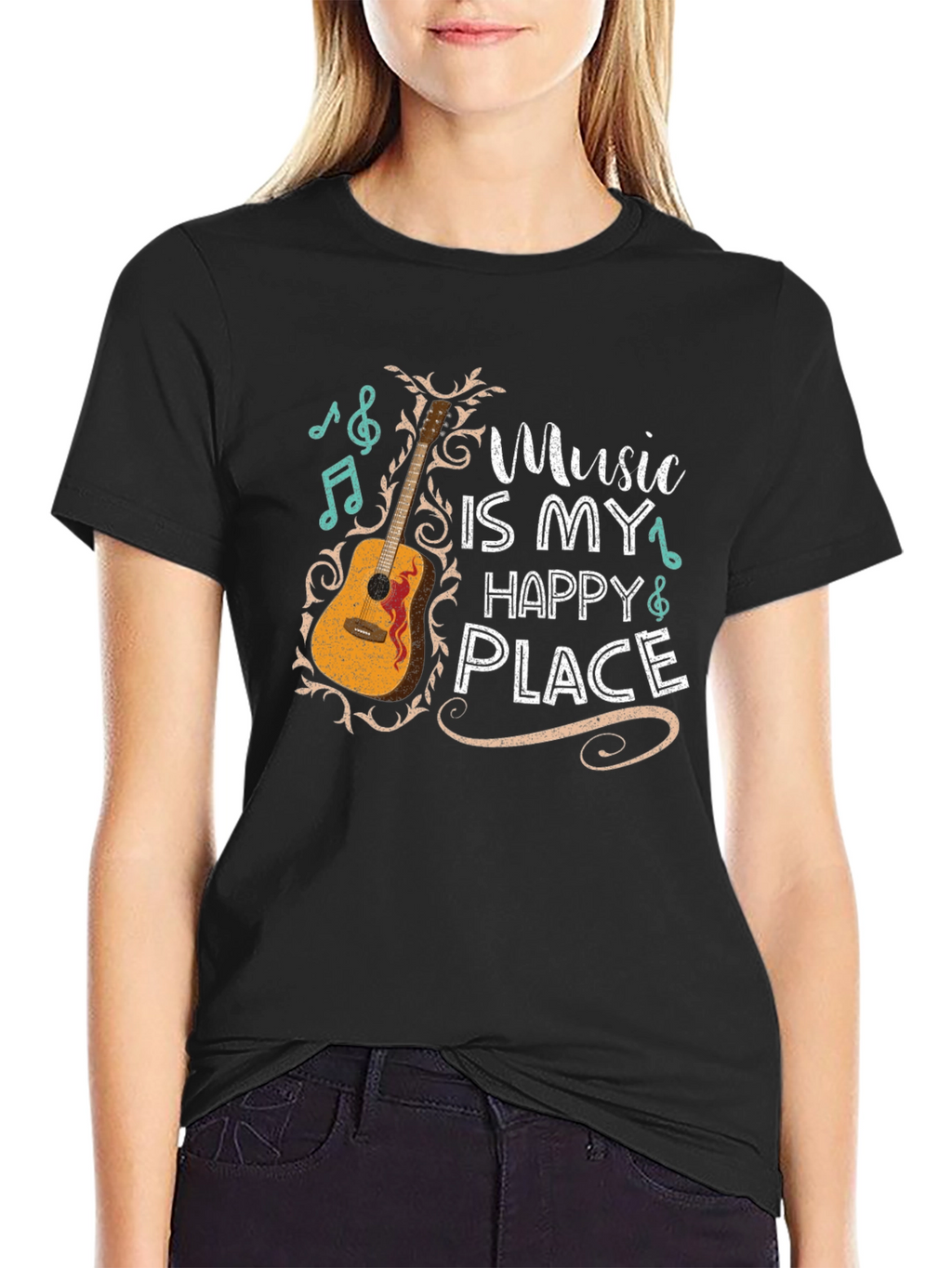 Music Is My Happy Place Graphic Tee - Black