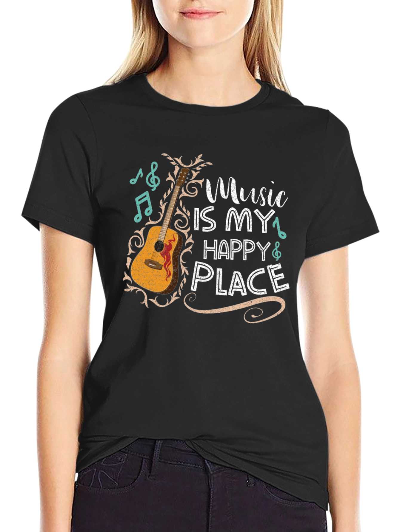 Music Is My Happy Place Graphic Tee - Black