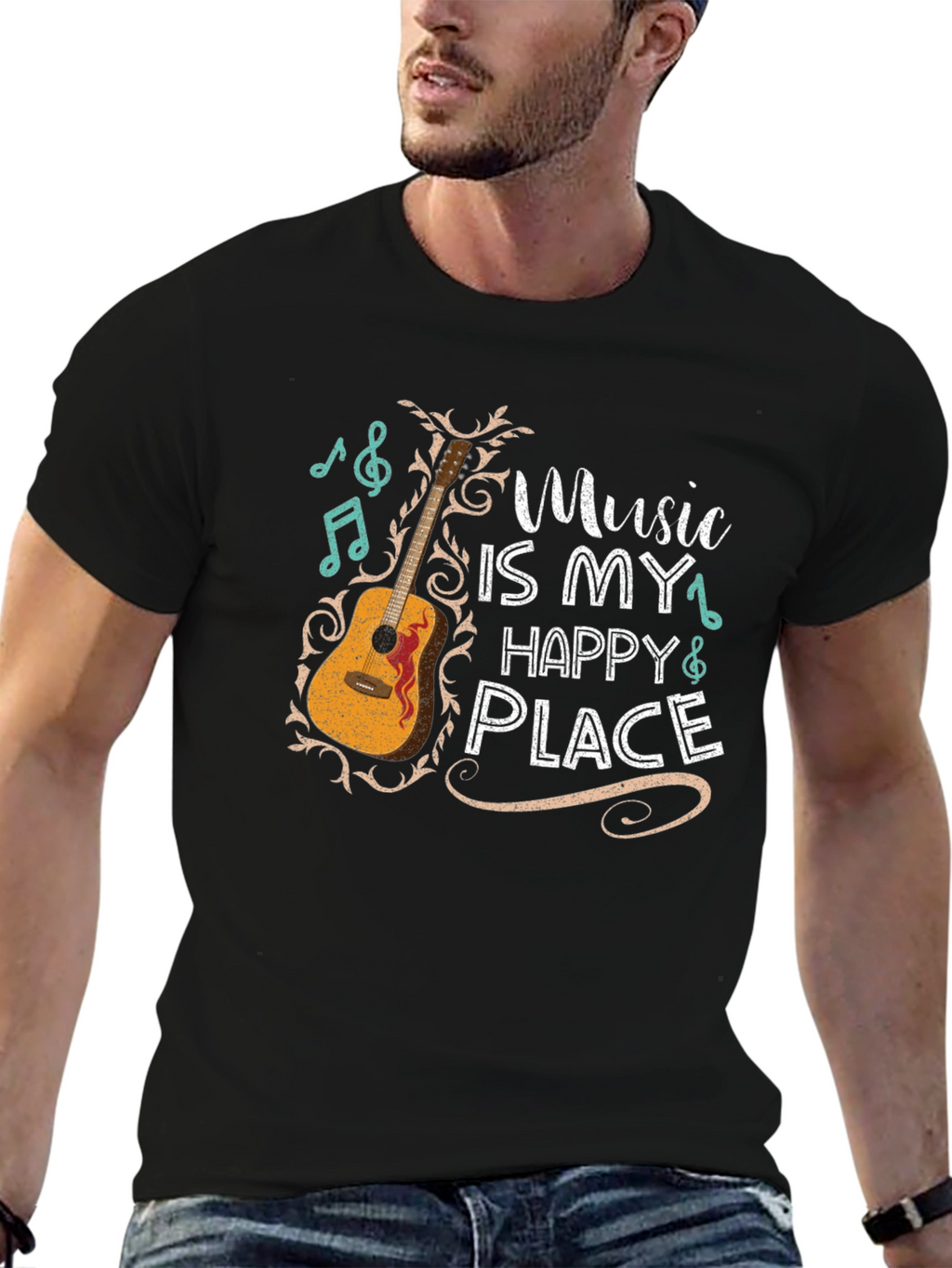 Music Is My Happy Place Graphic Tee - Black