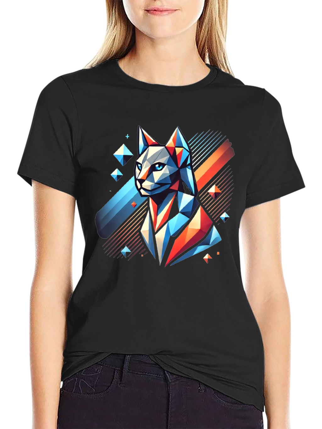 Geometric Cat Graphic Tee - Modern Mens T-Shirt