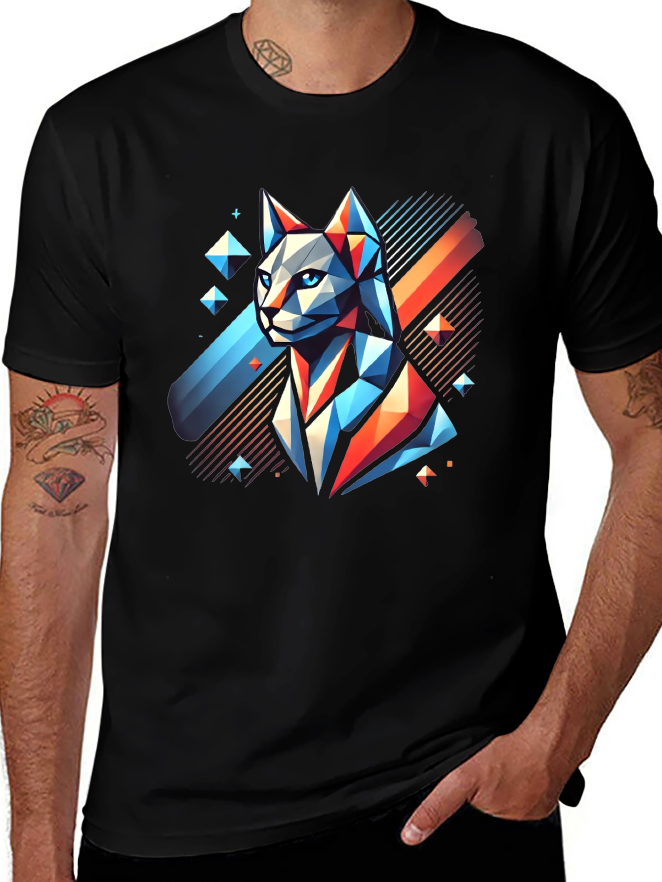 Geometric Cat Graphic Tee - Modern Mens T-Shirt