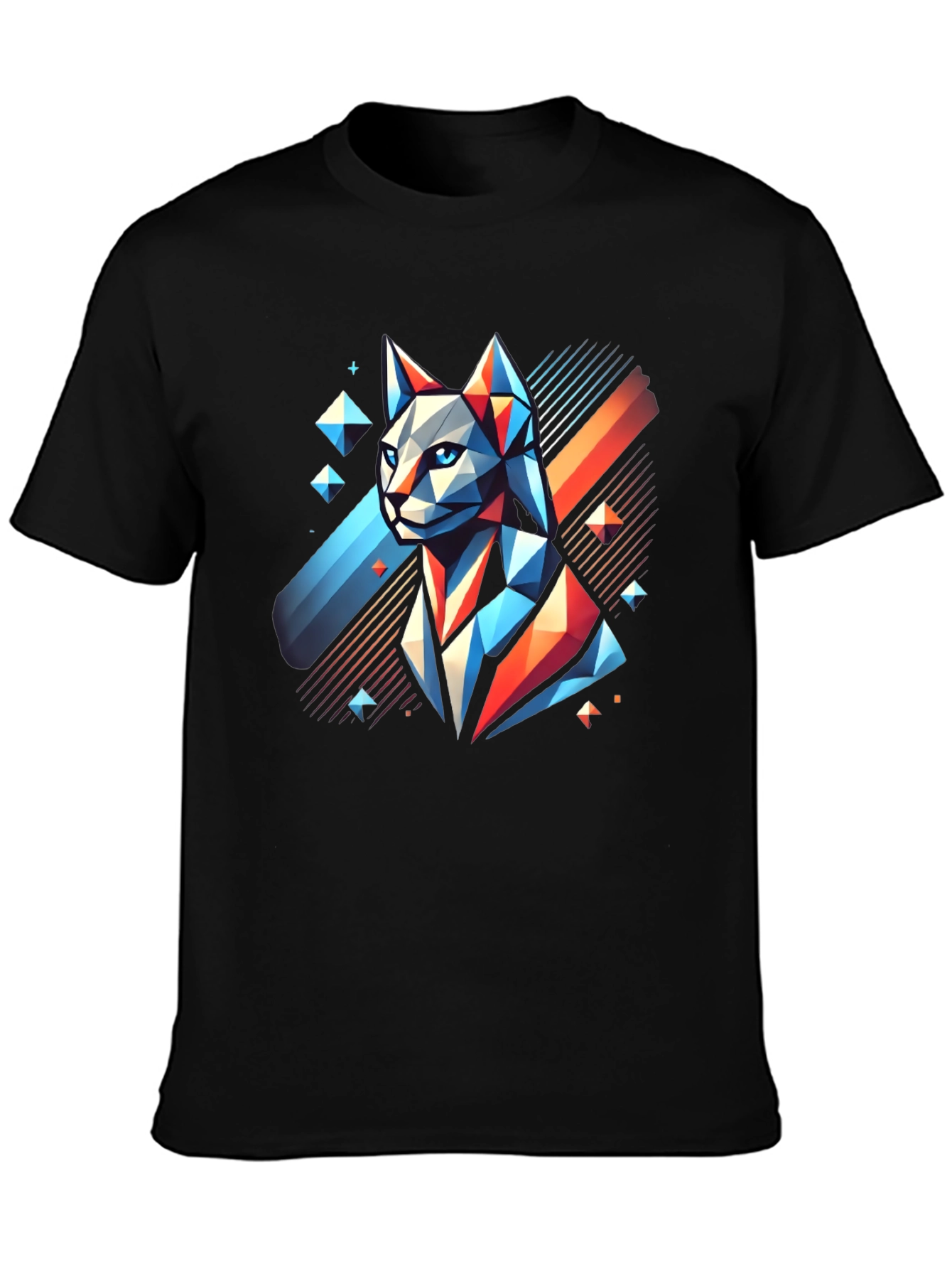 Geometric Cat Graphic Tee - Modern Mens T-Shirt