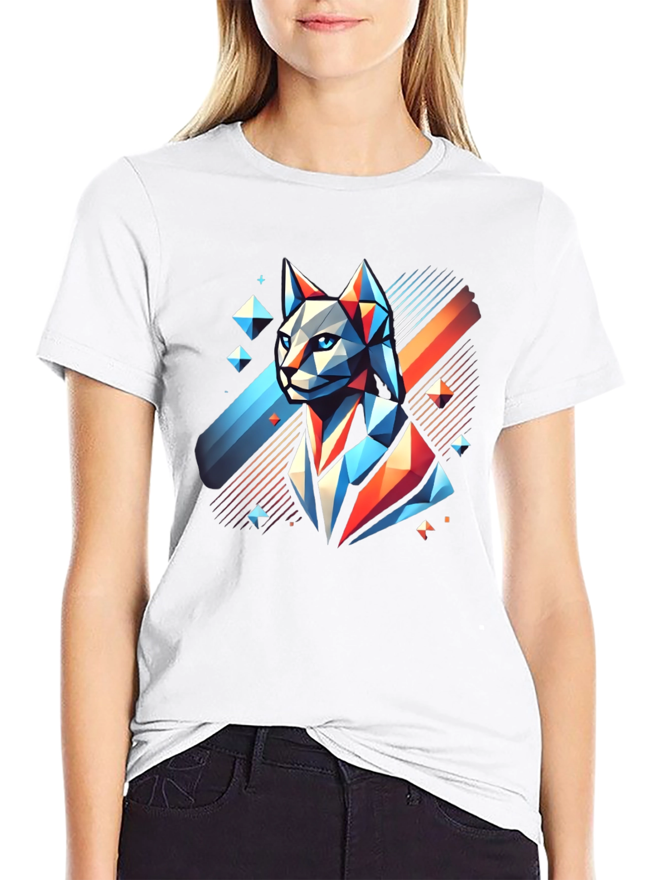 Geometric Cat Graphic Tee - Modern Mens T-Shirt