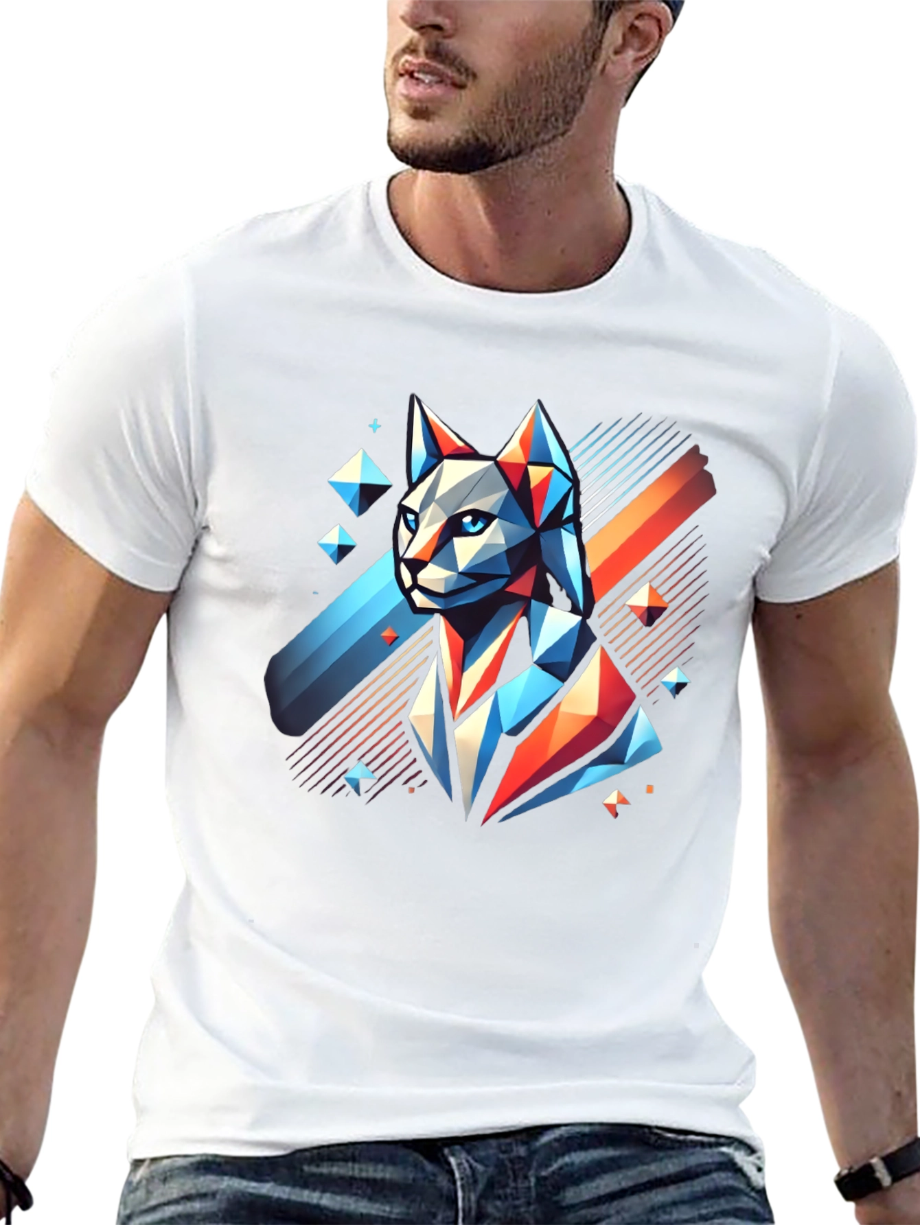 Geometric Cat Graphic Tee - Modern Mens T-Shirt