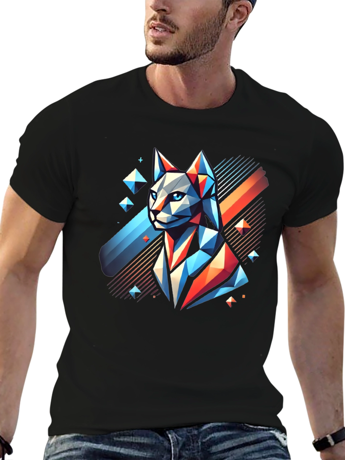 Geometric Cat Graphic Tee - Modern Mens T-Shirt