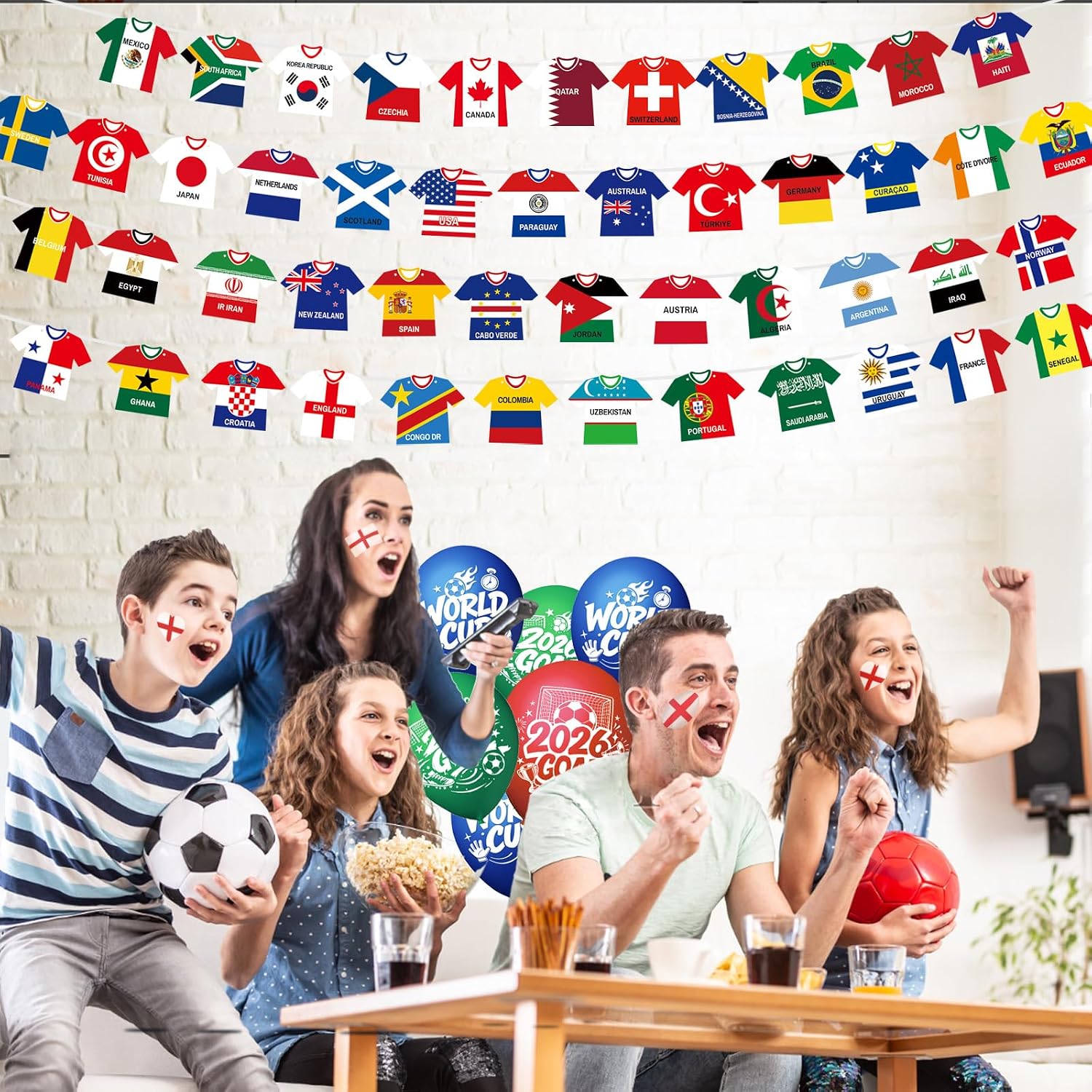 World Soccer Banner Jersey Flags - 48 Teams Double Sided, Pre-tied Cloth Decor