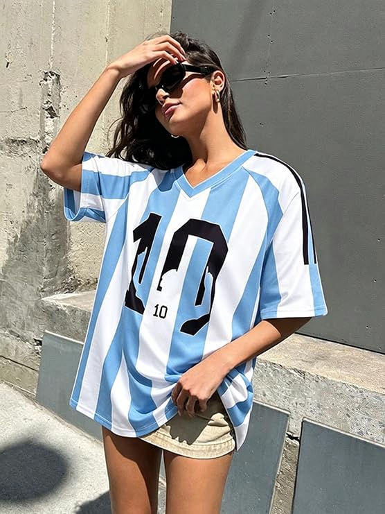 Women's Oversized Soccer Jersey V-Neck Short Sleeve Top