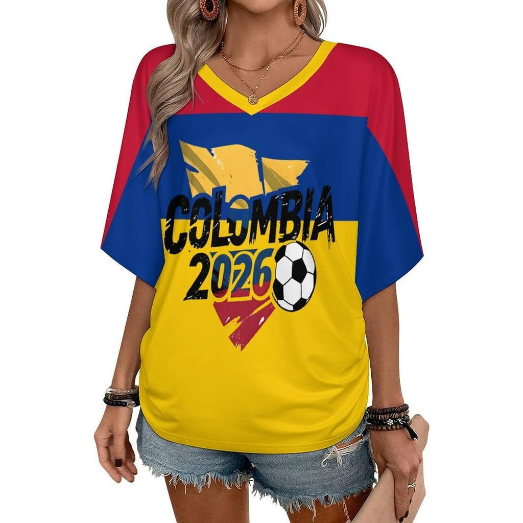 Women's V-Neck Soccer Jersey T-Shirt, Loose Fit Short Sleeve Novelty Print