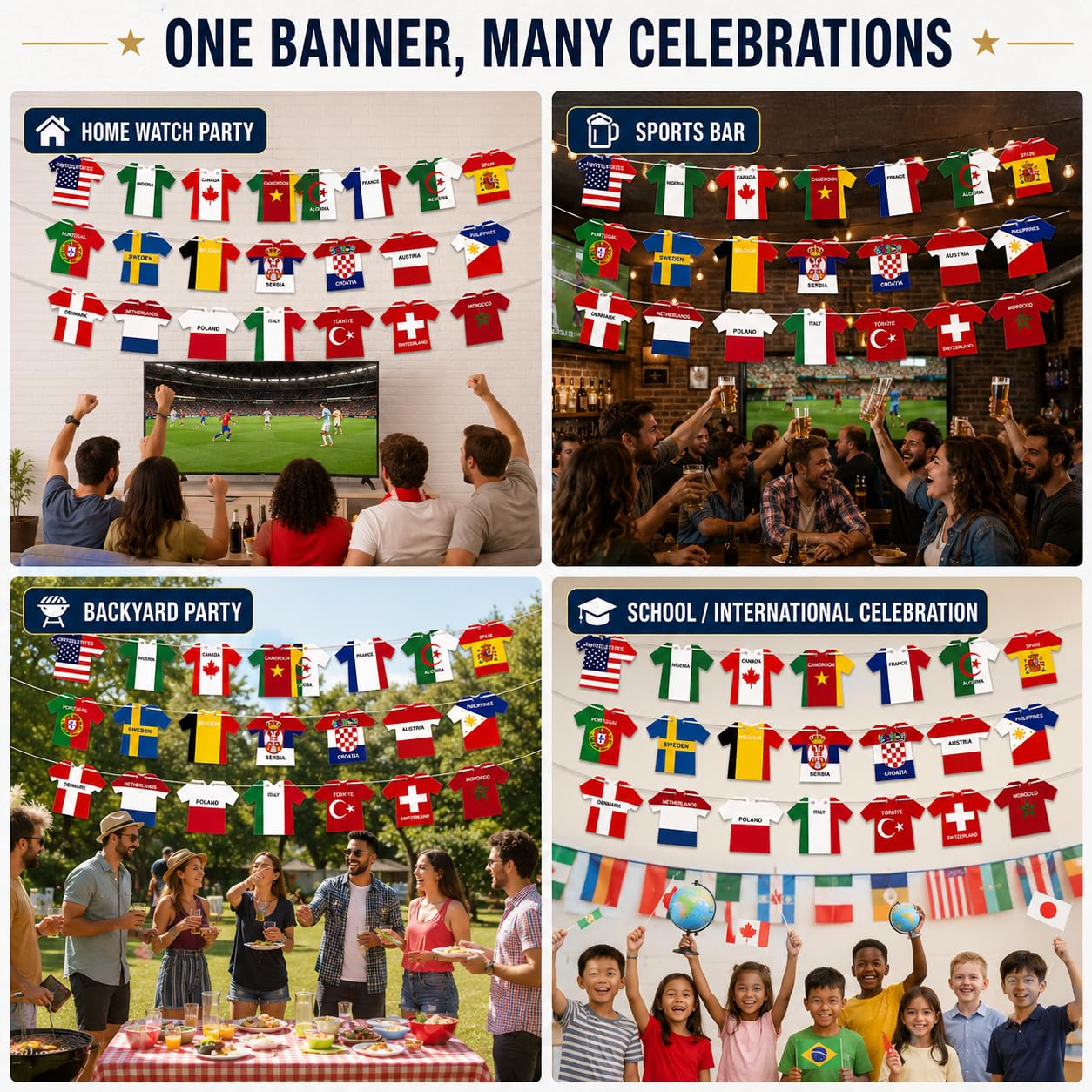 48 Countries Soccer Jersey Flag Bunting Banner, World Cup Decor Garland