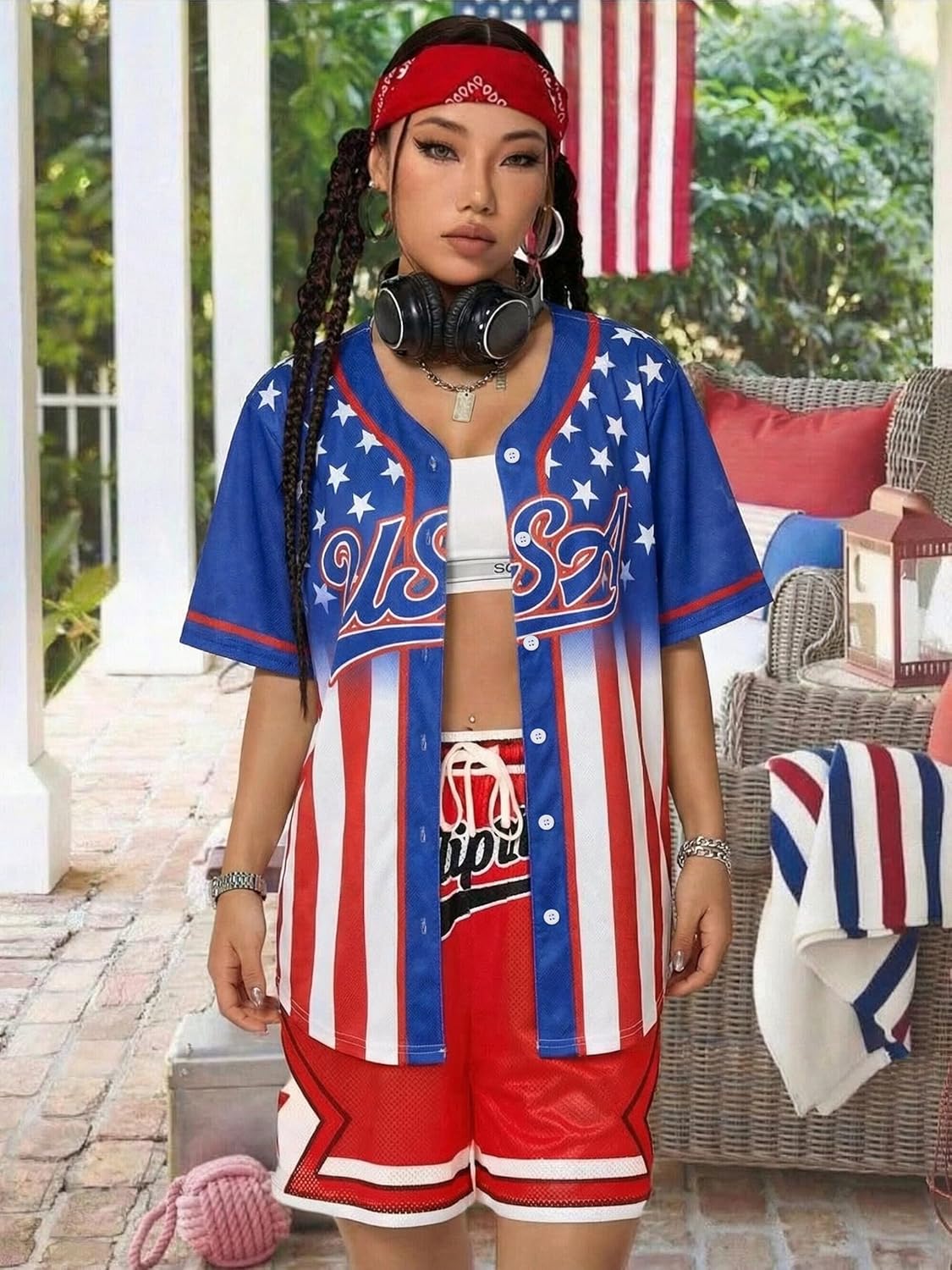 Women's USA Soccer Jersey - Patriotic 4th of July Button Down Shirt