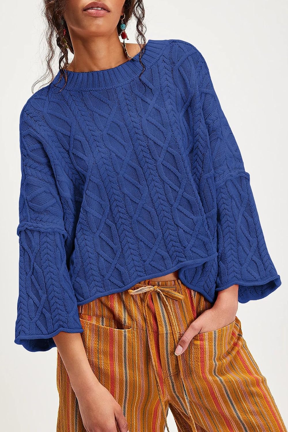 Women's Cropped Cable Knit Sweater Oversized Long Sleeve Pullover