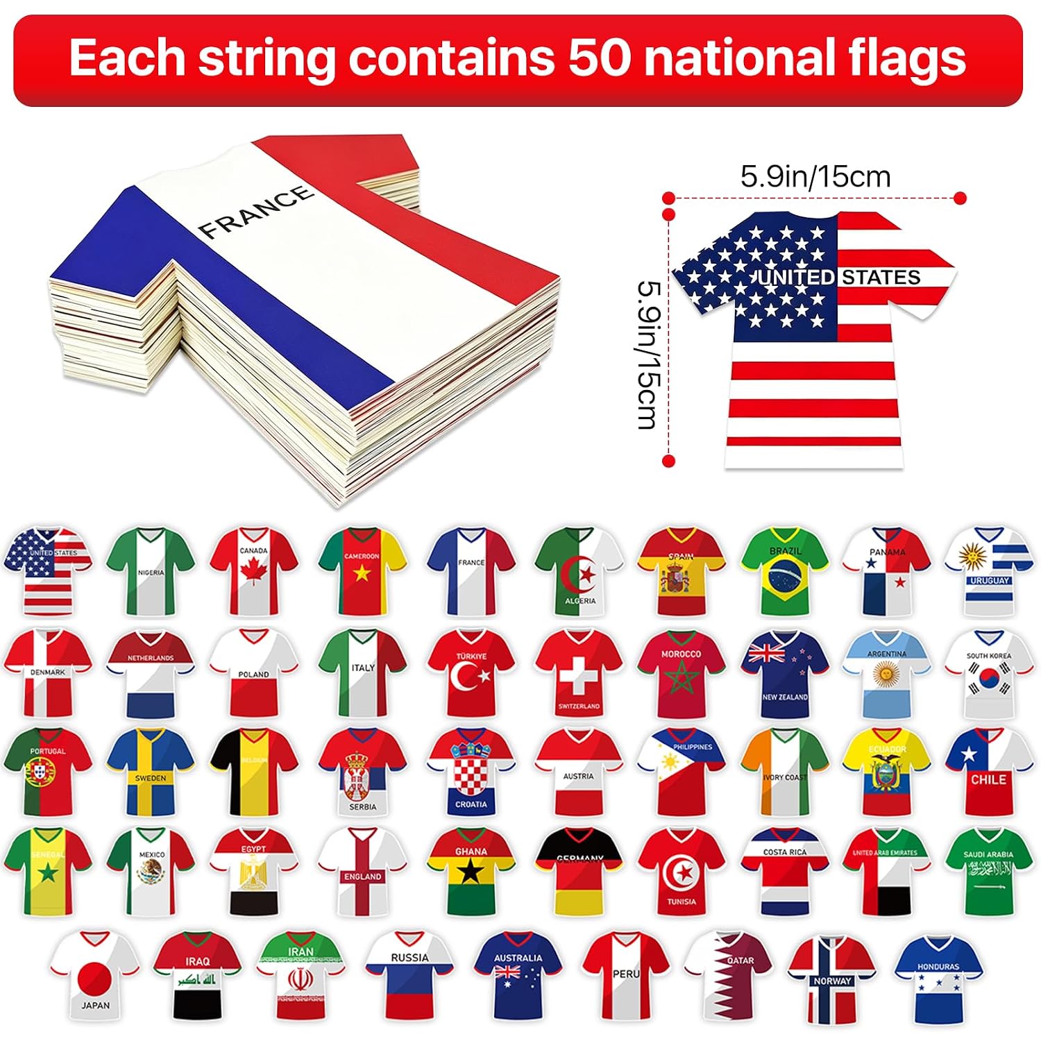Soccer Jersey Cloth String Flags Garland - 50 Pcs Country Bunting Banner