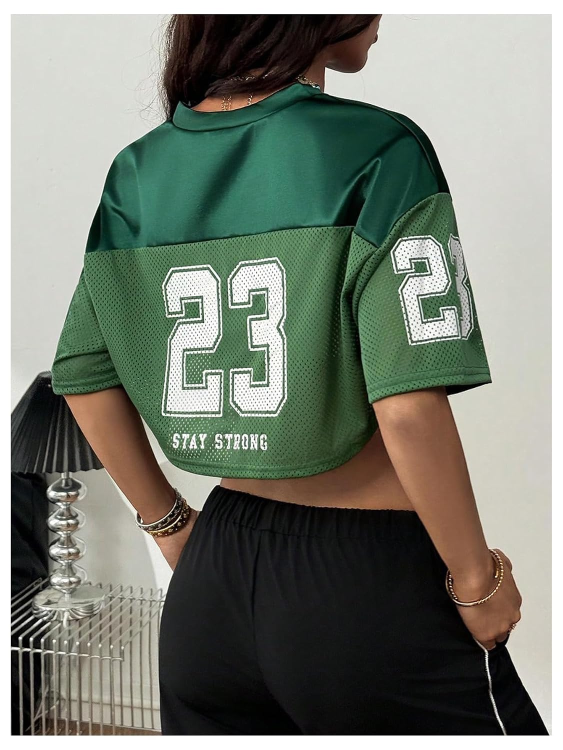 Women's Y2K Oversized Crop Top Mesh Spliced Satin Drop Shoulder Jersey Shirt