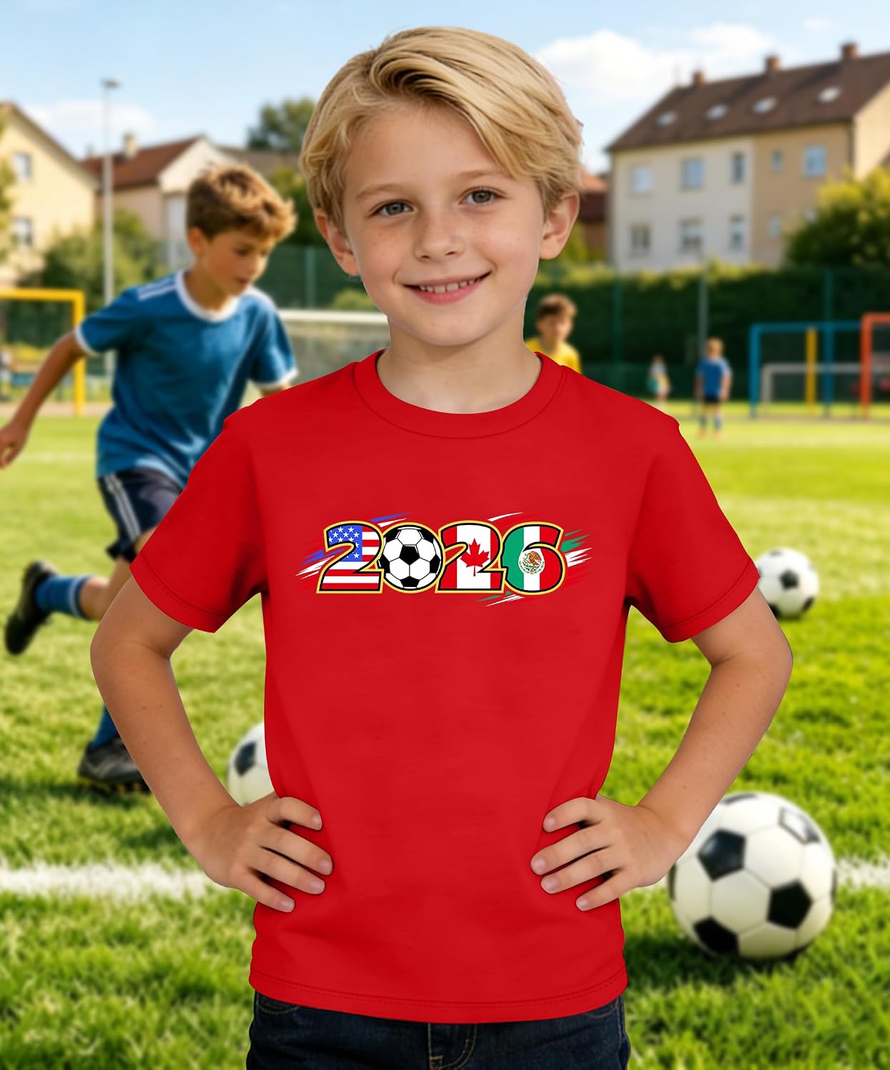 Kids Soccer T-Shirt USA Canada Mexico Flags Graphic Short Sleeve Tee