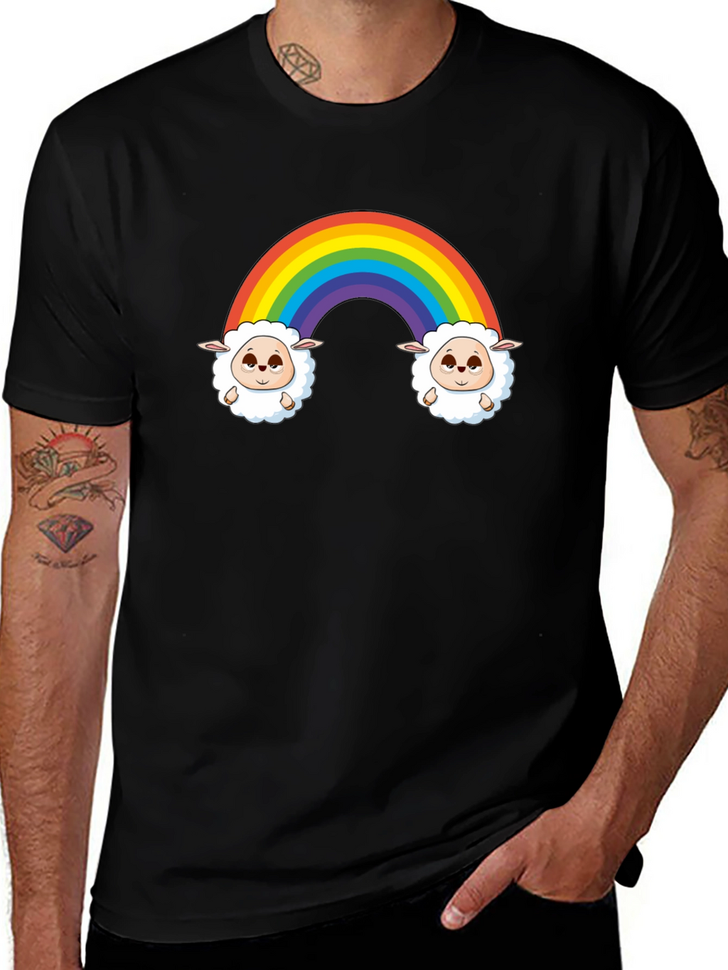 Rainbow Sheep Graphic Tee - Cute Cartoon Black T-Shirt