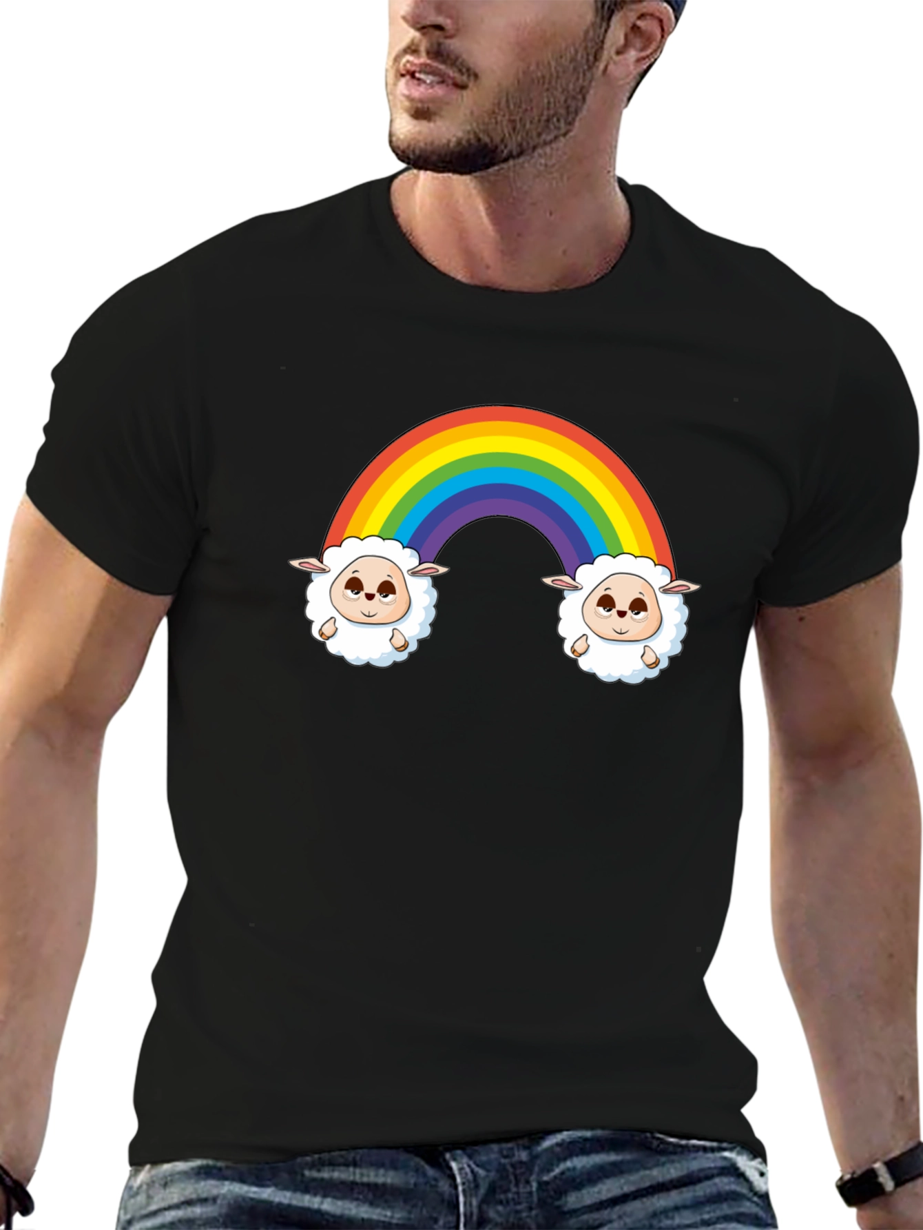 Rainbow Sheep Graphic Tee - Cute Cartoon Black T-Shirt