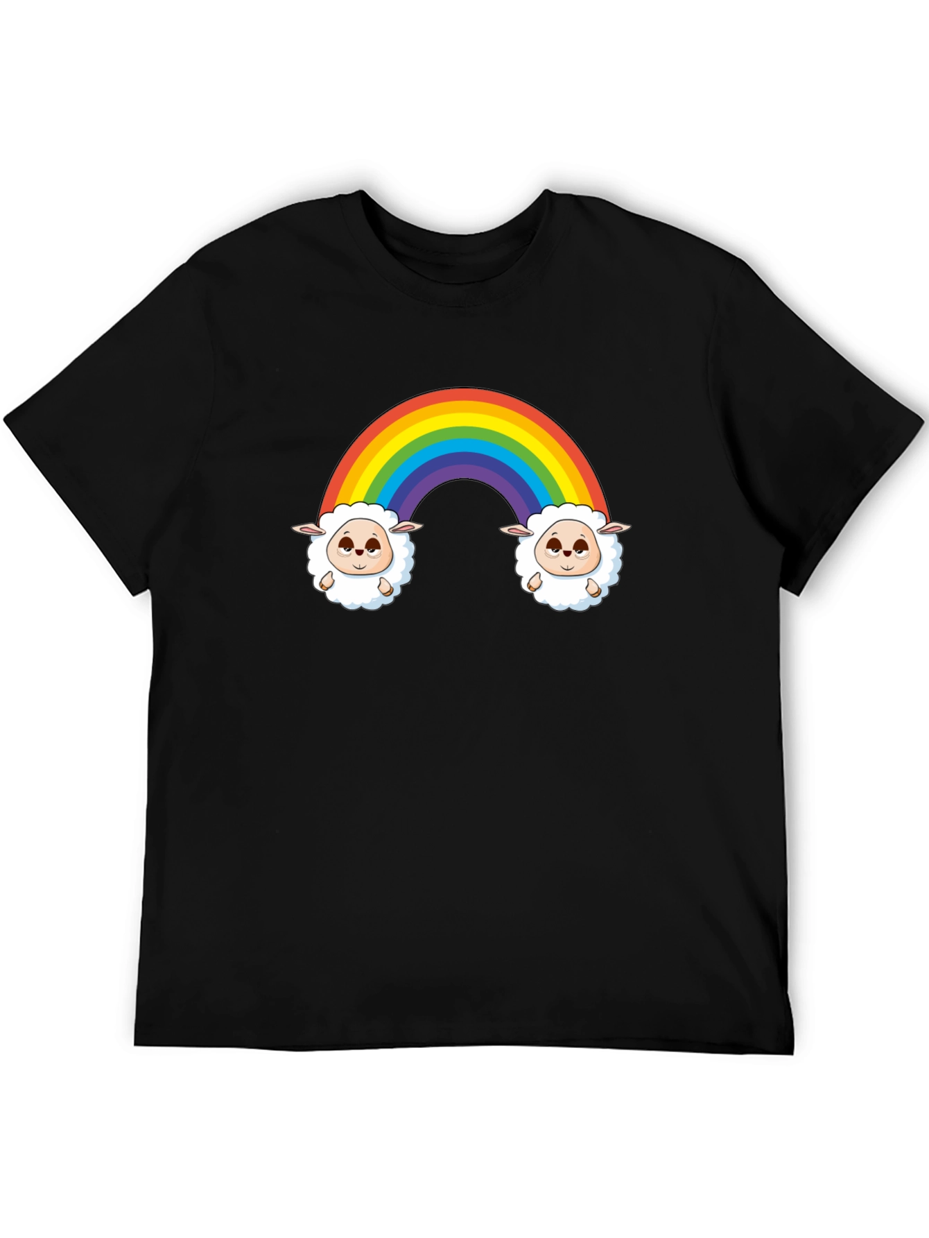 Rainbow Sheep Graphic Tee - Cute Cartoon Black T-Shirt