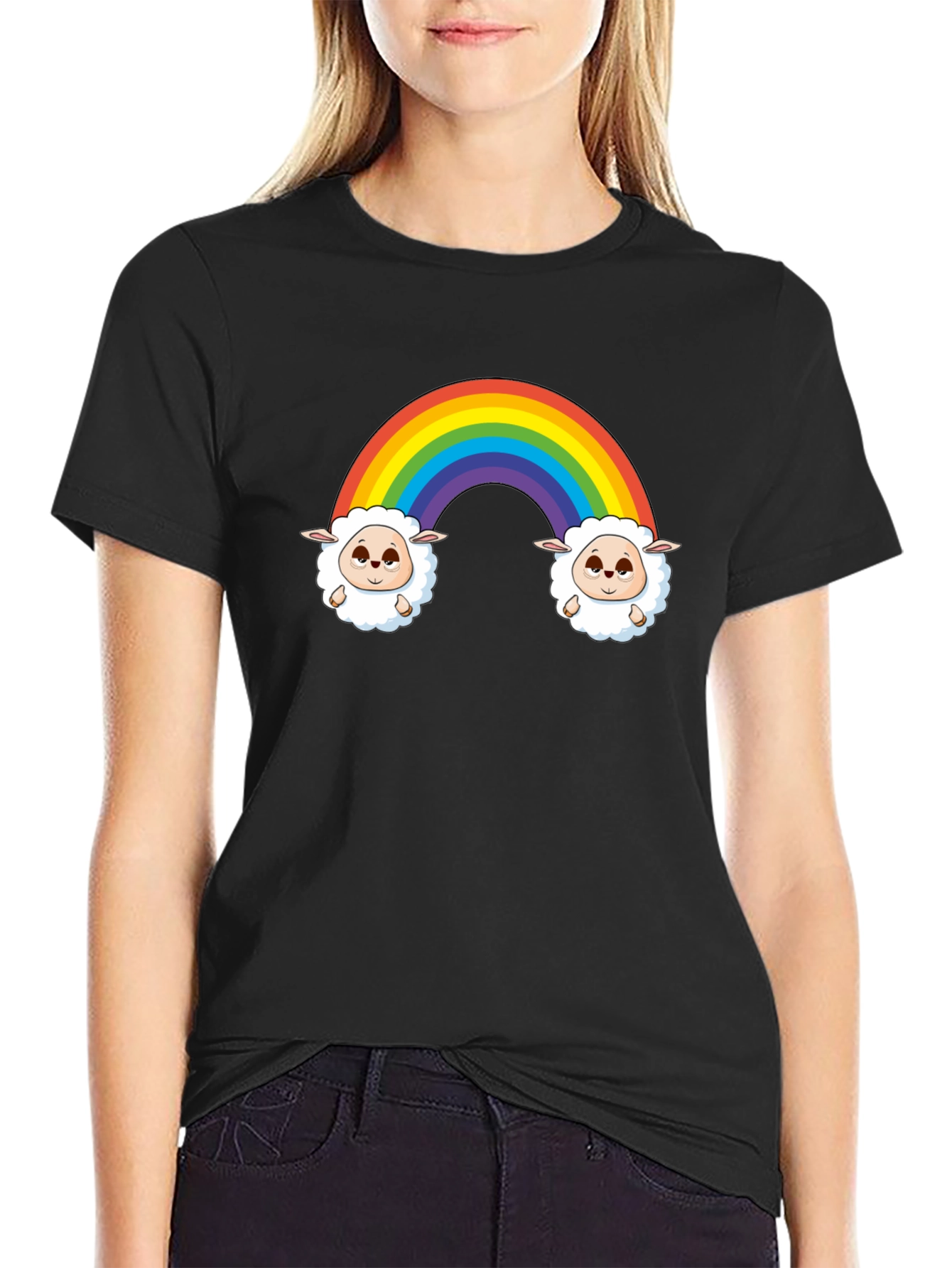 Rainbow Sheep Graphic Tee - Cute Cartoon Black T-Shirt