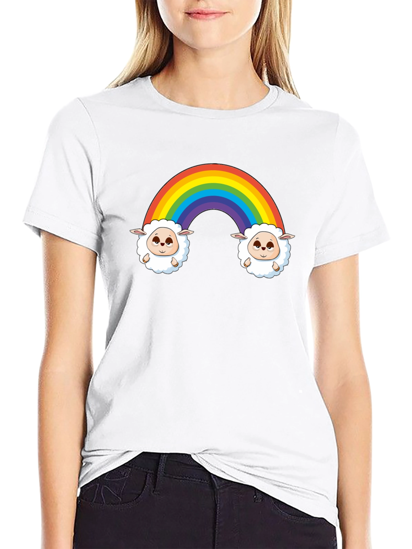 Rainbow Sheep Graphic Tee - Cute Cartoon Black T-Shirt