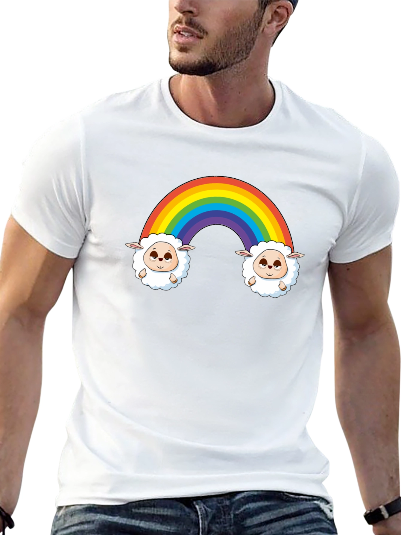 Rainbow Sheep Graphic Tee - Cute Cartoon Black T-Shirt