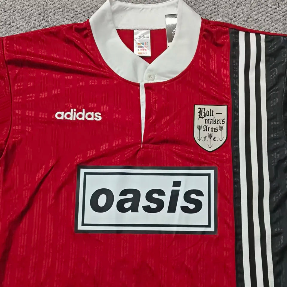 1996 AD x oasis x Bolt Makers Arms Red Retro Fans Soccer Jersey Detail 2