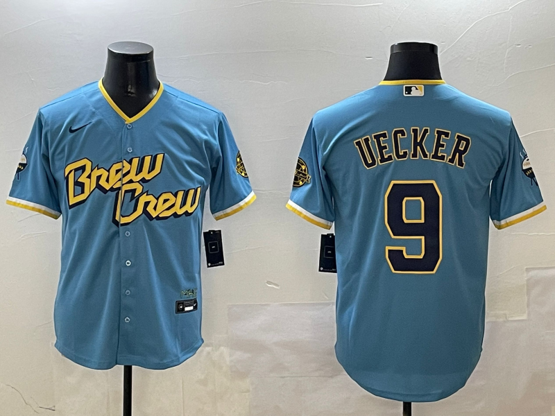 Men's Milwaukee Brewers Bob Uecker #9 Powder Blue City Connect Replica Player Jerseys