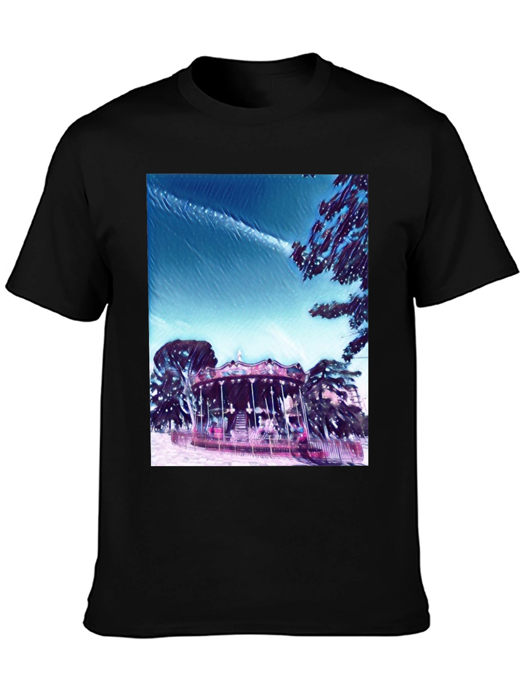 Whimsical Carousel Graphic Tee - Black Cotton Comfort
