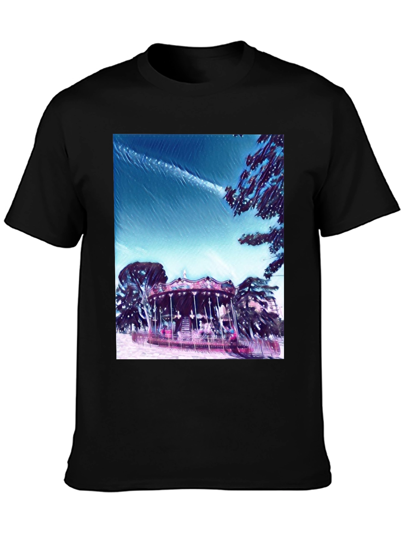 Whimsical Carousel Graphic Tee - Black Cotton Comfort