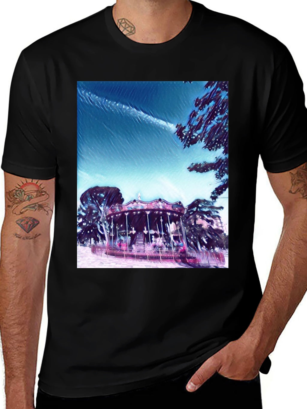 Whimsical Carousel Graphic Tee - Black Cotton Comfort