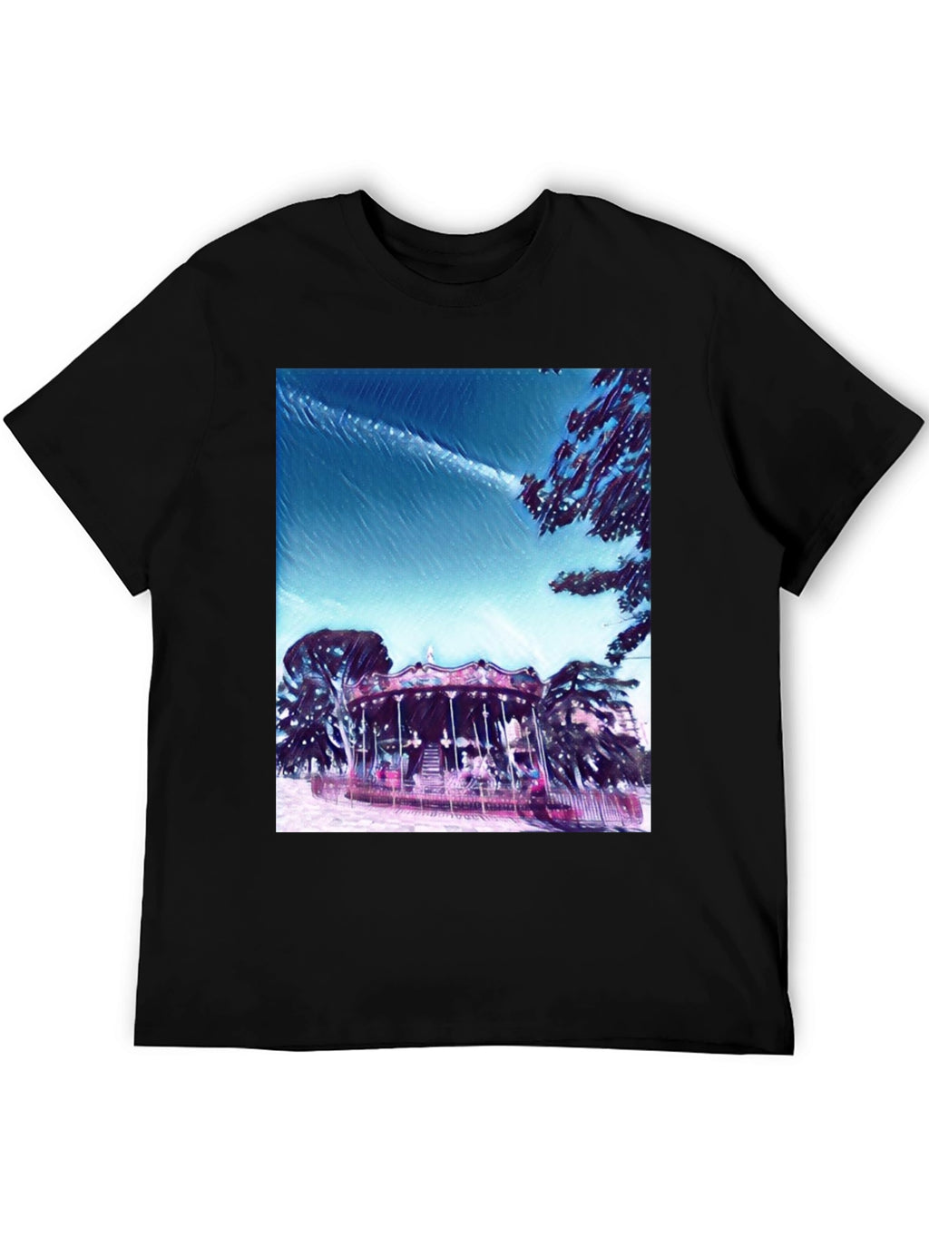 Whimsical Carousel Graphic Tee - Black Cotton Comfort