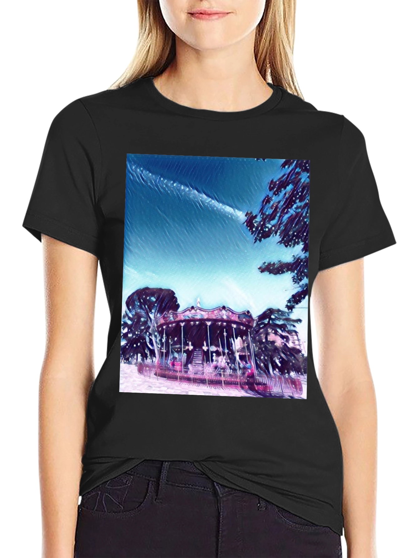 Whimsical Carousel Graphic Tee - Black Cotton Comfort