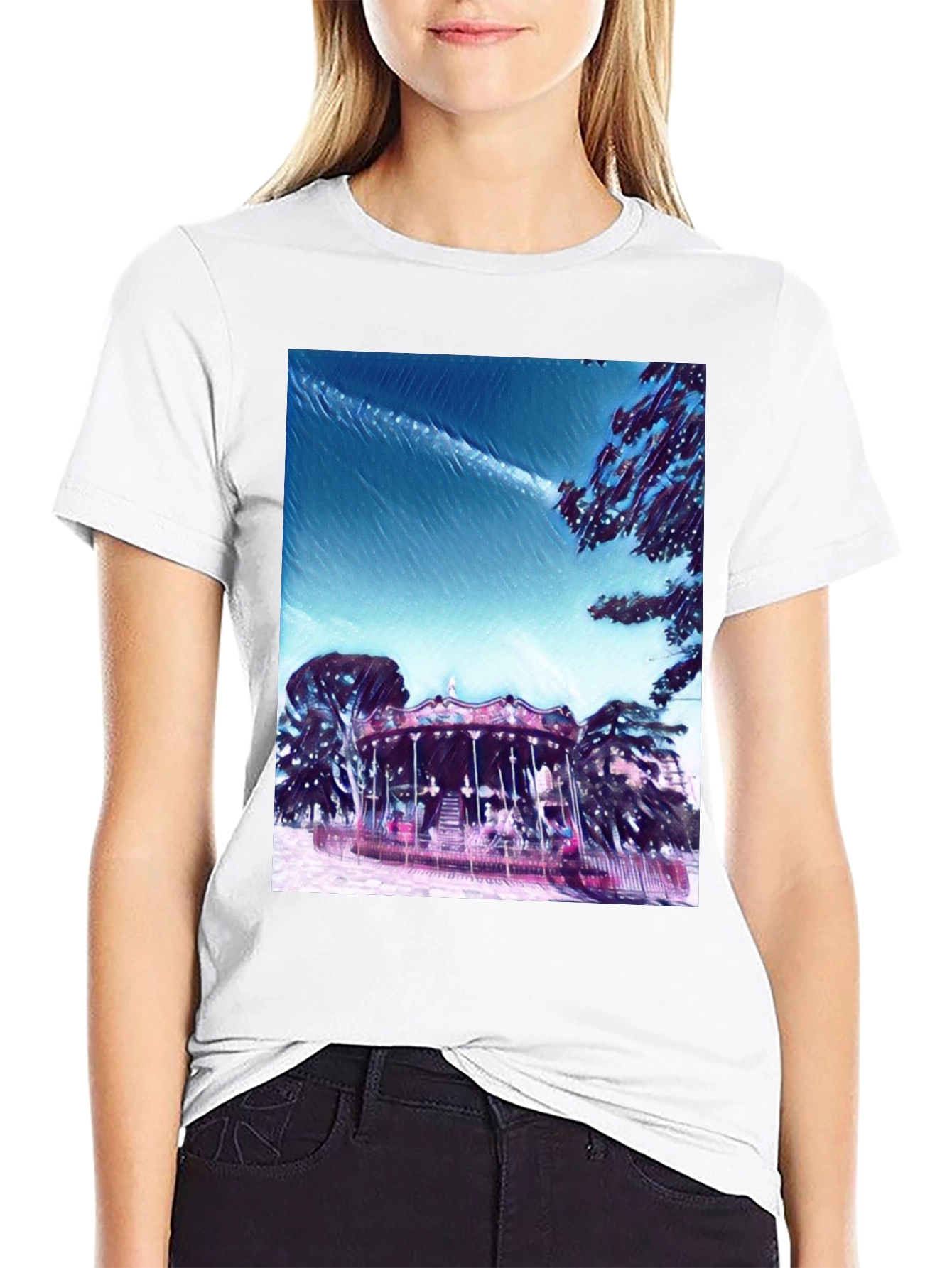 Whimsical Carousel Graphic Tee - Black Cotton Comfort