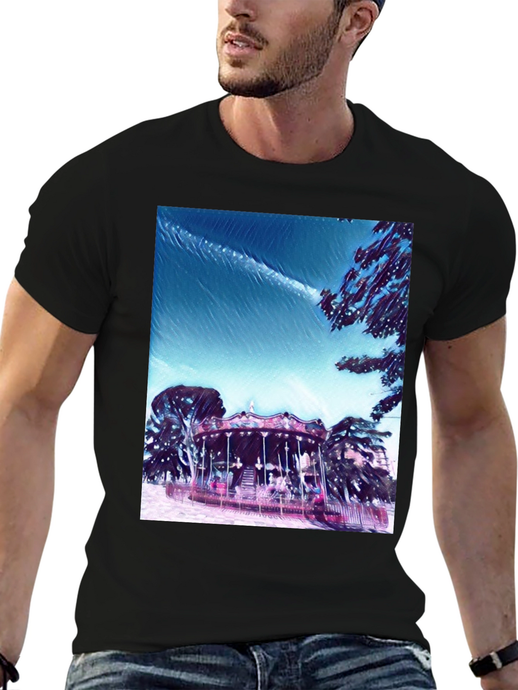 Whimsical Carousel Graphic Tee - Black Cotton Comfort