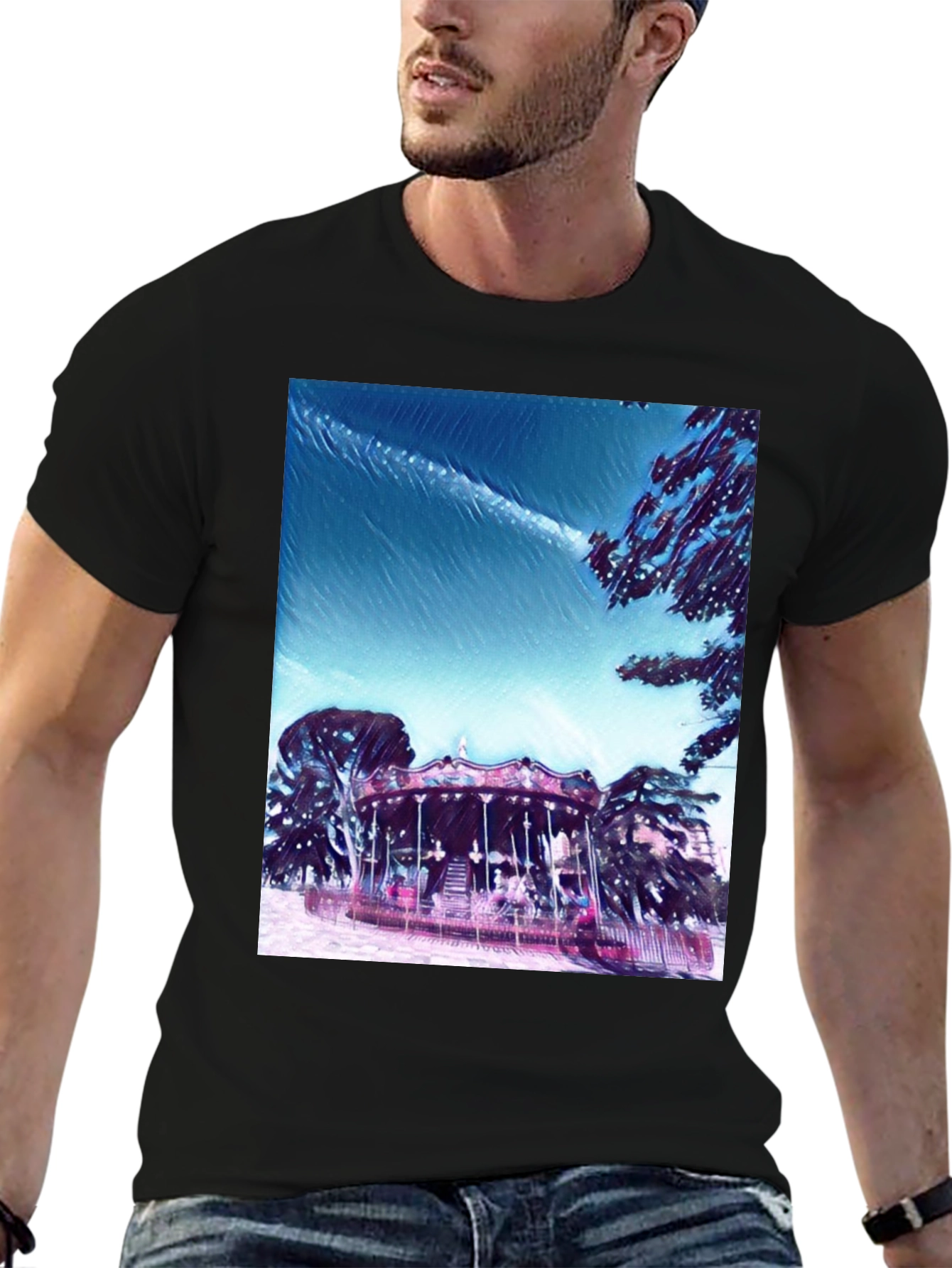 Whimsical Carousel Graphic Tee - Black Cotton Comfort