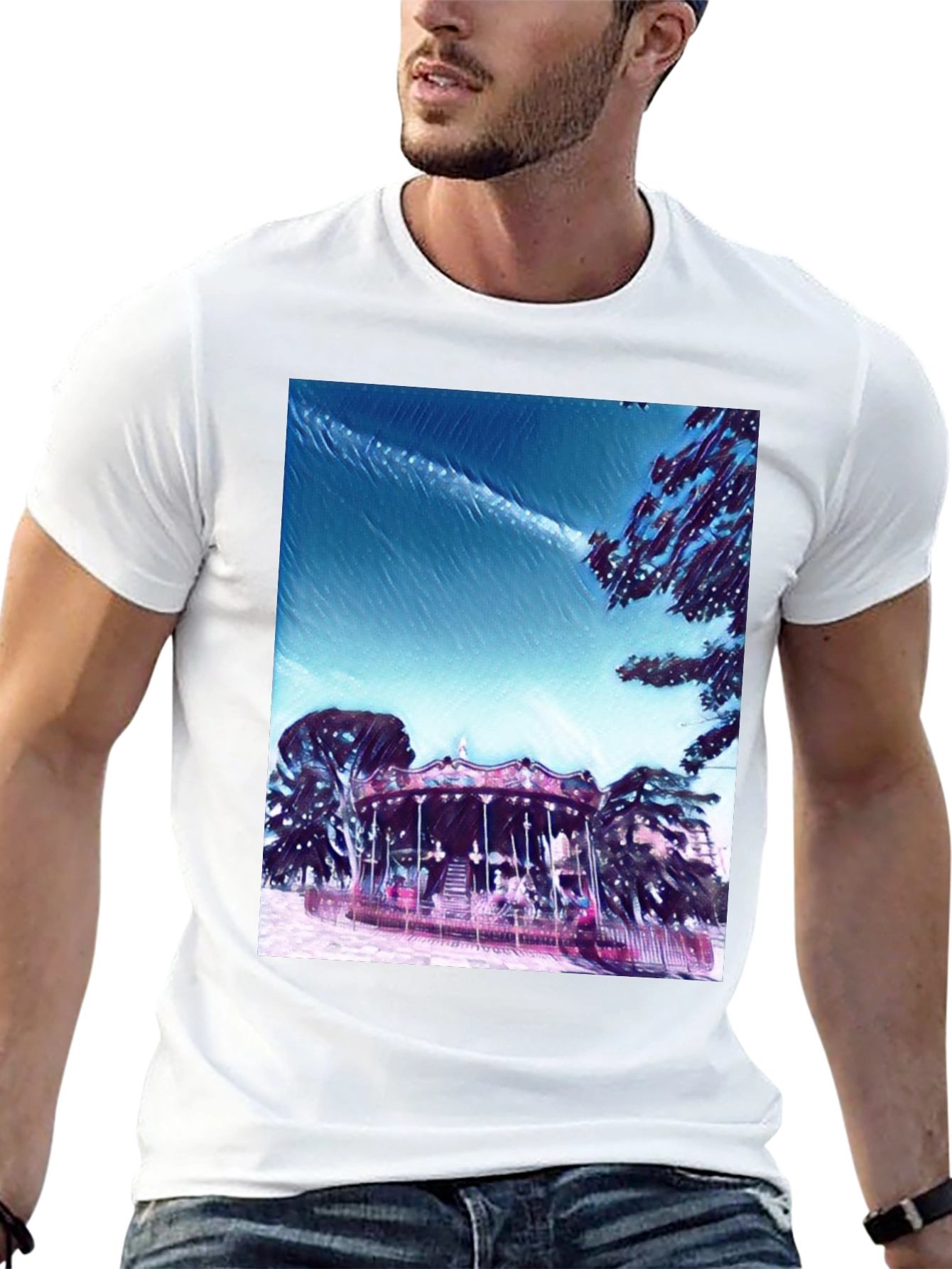Whimsical Carousel Graphic Tee - Black Cotton Comfort