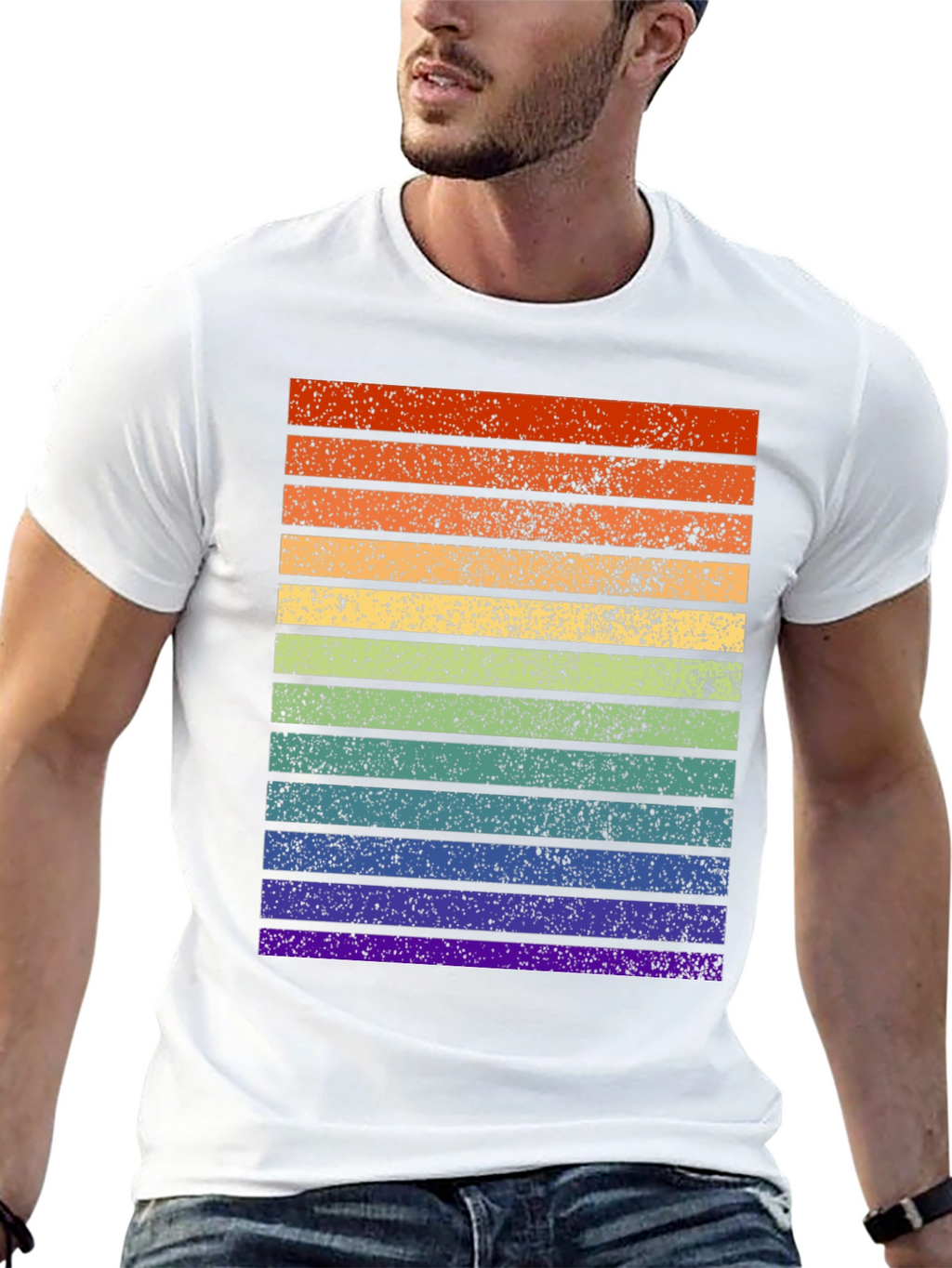 Retro Rainbow Stripe T-Shirt - Distressed Pride Tee