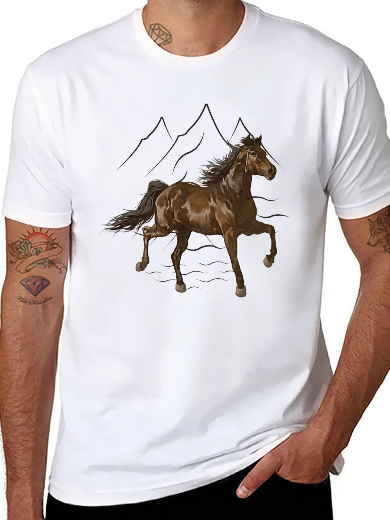 Black T-Shirt with Horse and Mountain Design