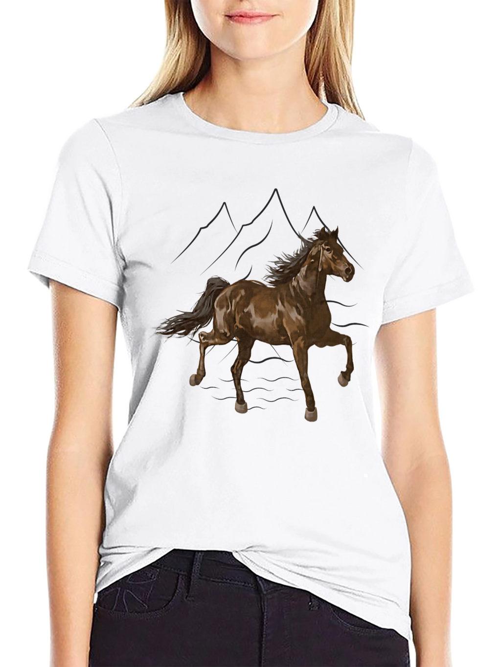 Black T-Shirt with Horse and Mountain Design