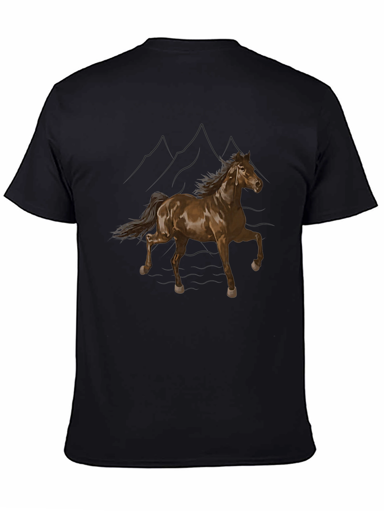 Black T-Shirt with Horse and Mountain Design