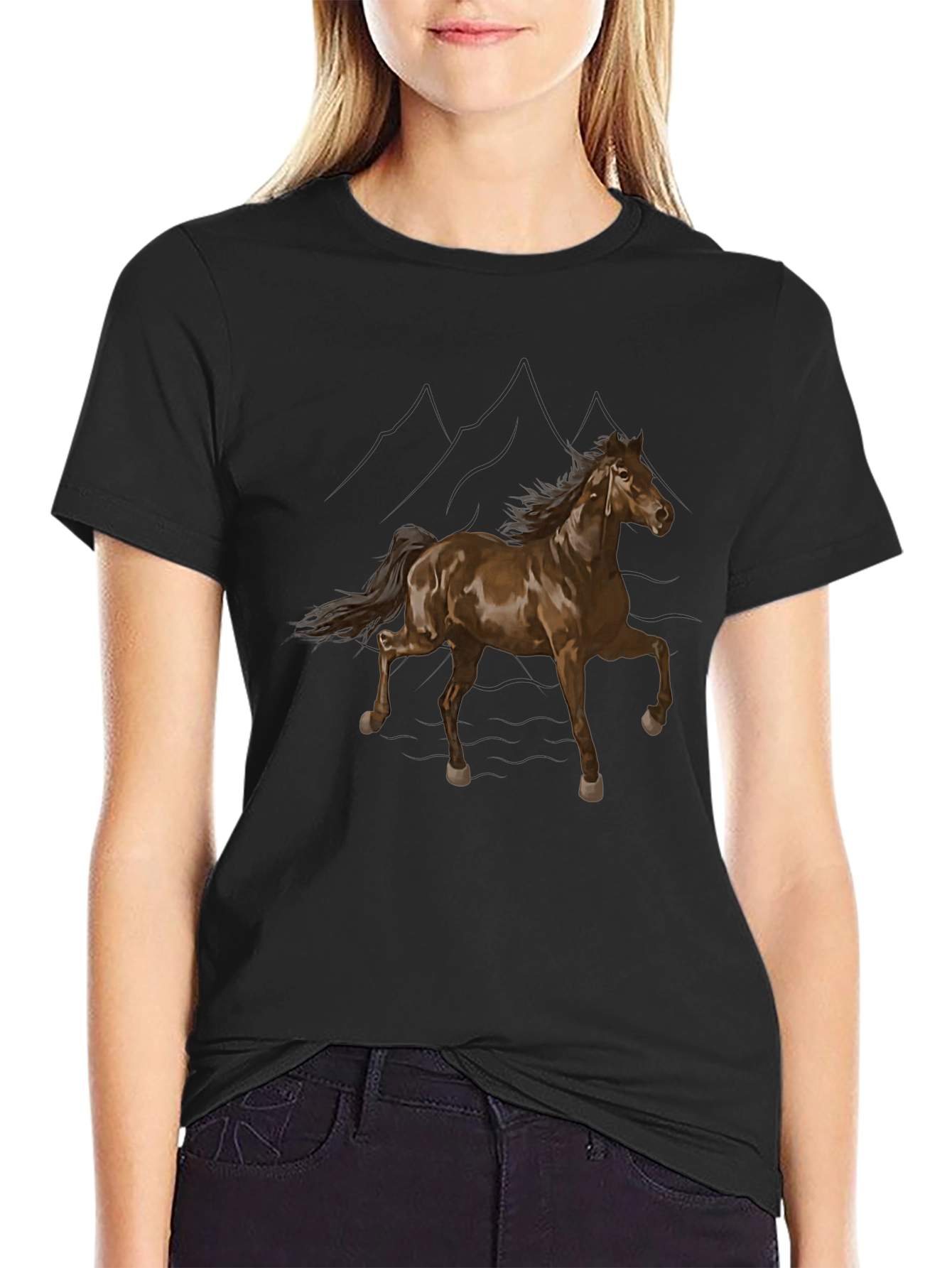 Black T-Shirt with Horse and Mountain Design