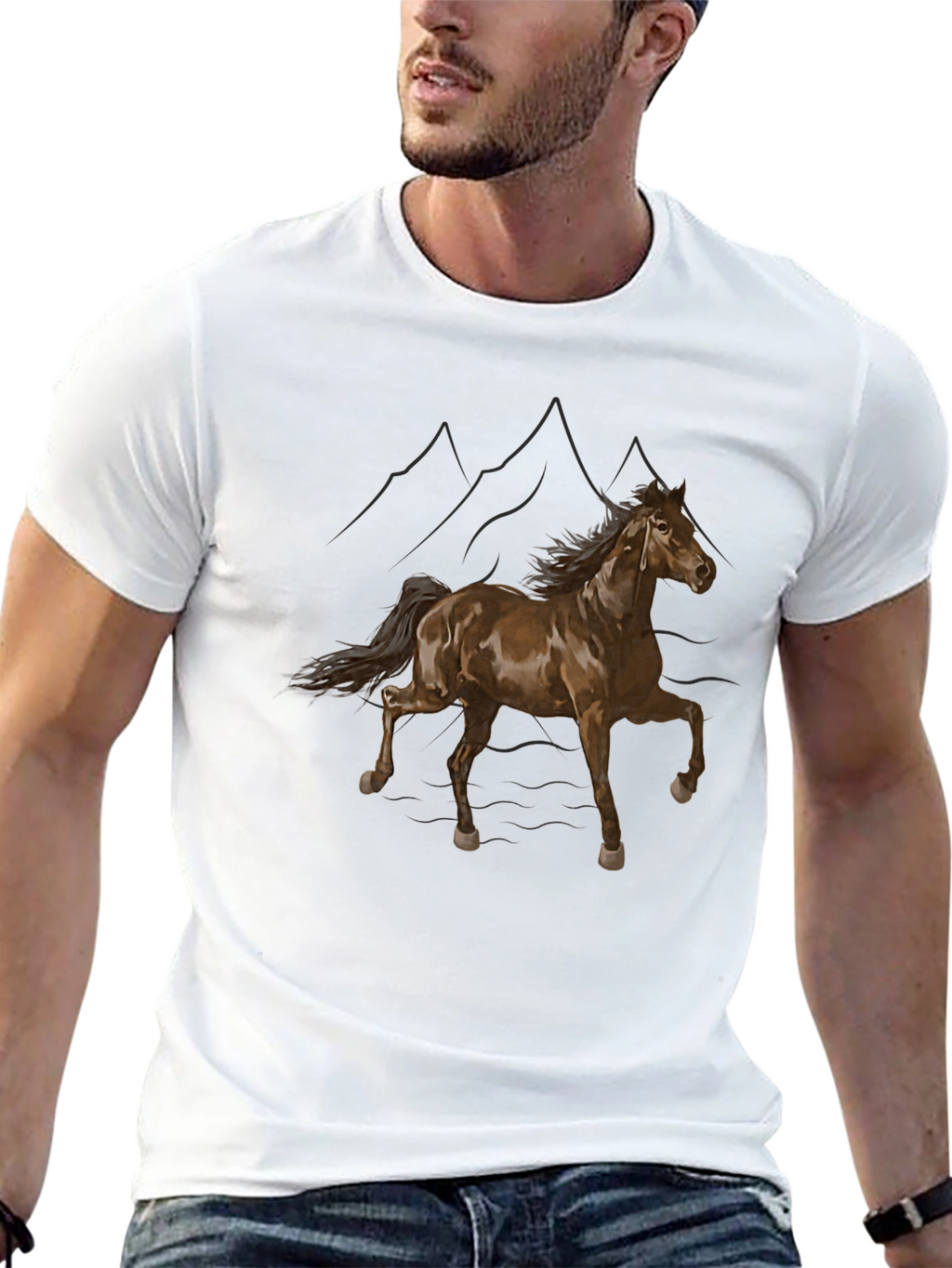 Black T-Shirt with Horse and Mountain Design