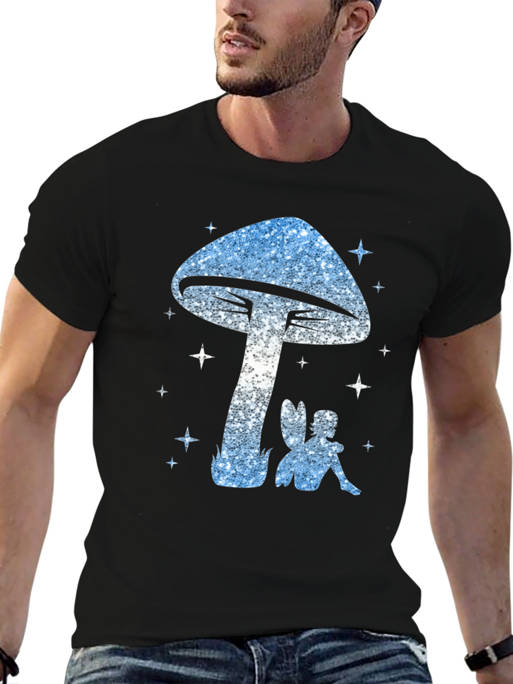 Mushroom Fairy Graphic Tee - Black Cotton Blend