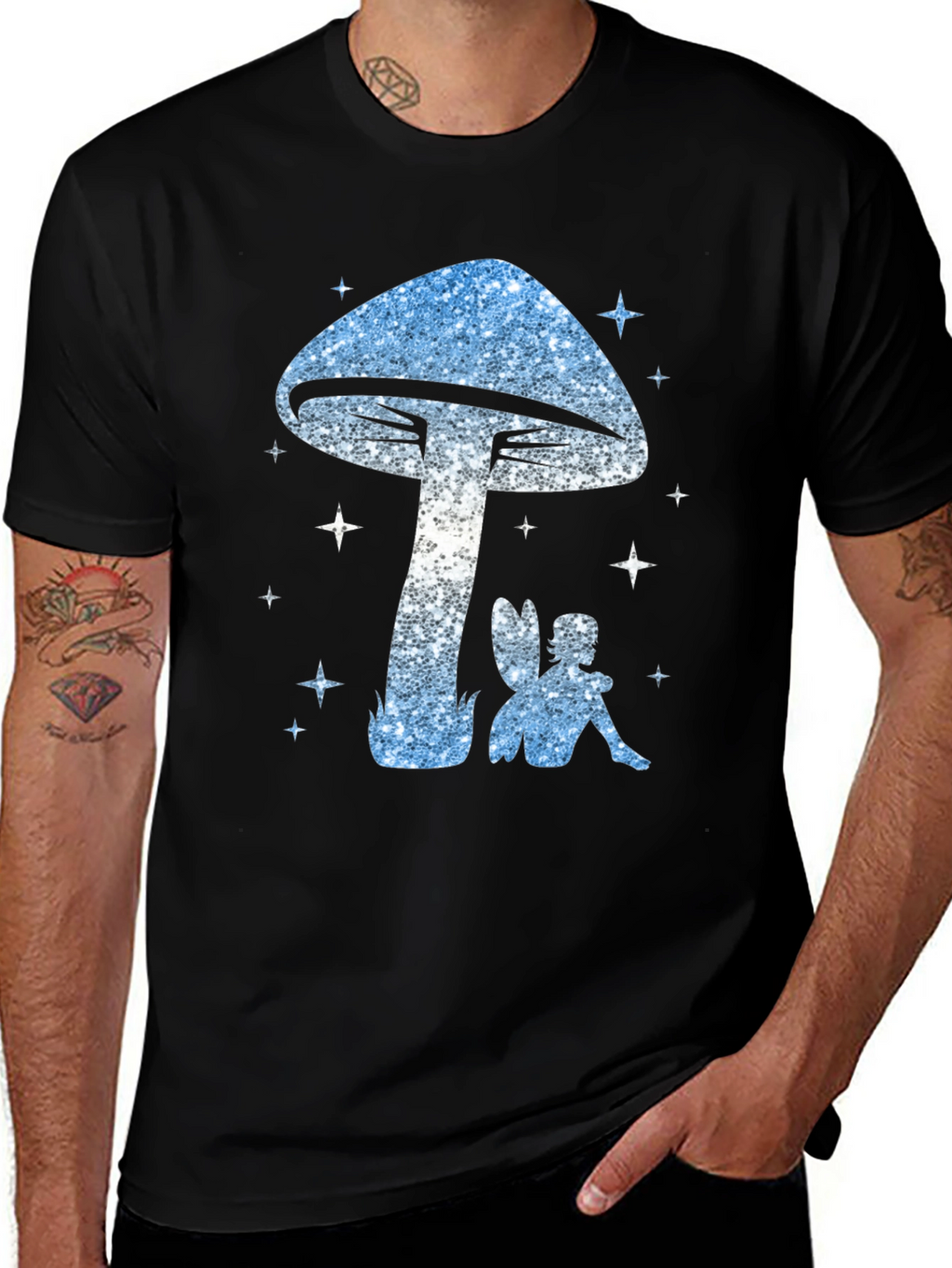 Mushroom Fairy Graphic Tee - Black Cotton Blend