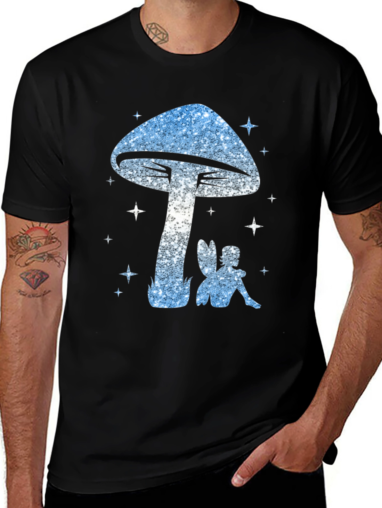 Mushroom Fairy Graphic Tee - Black Cotton Blend