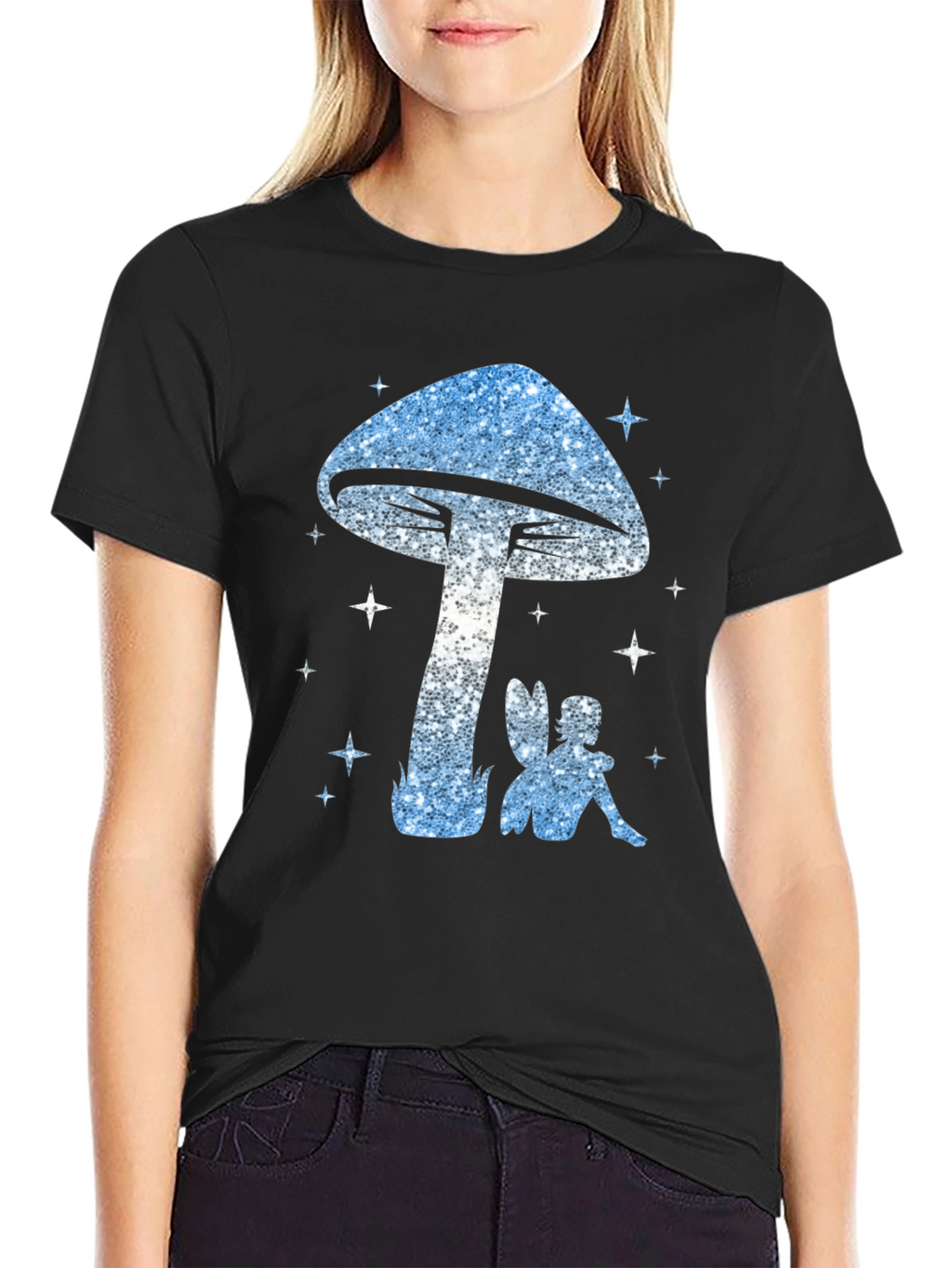 Mushroom Fairy Graphic Tee - Black Cotton Blend